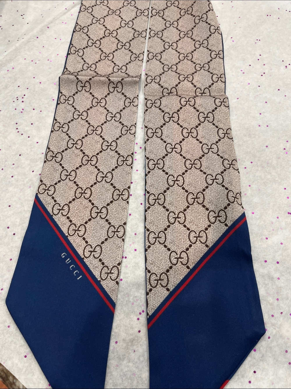 Gucci Blue & Red Striped Silk Tie with Beige GG Monogram - Picture 3 of 4